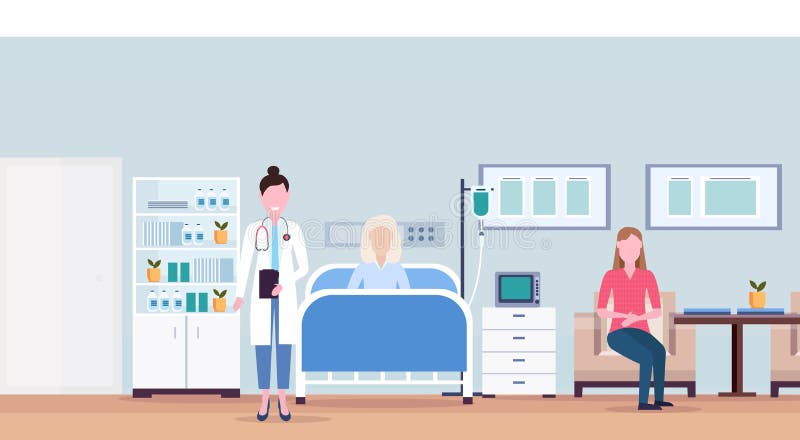 De vrouwelijke arts en het meisje die de geduldige hogere intensieve therapie van het vrouwen liggende bed bezoeken weren het zie vector illustratie De vrouwelijke arts en het meisje die de geduldige hogere intensieve therapie van het vrouwen liggende bed bezoeken weren het zie vector illustratie