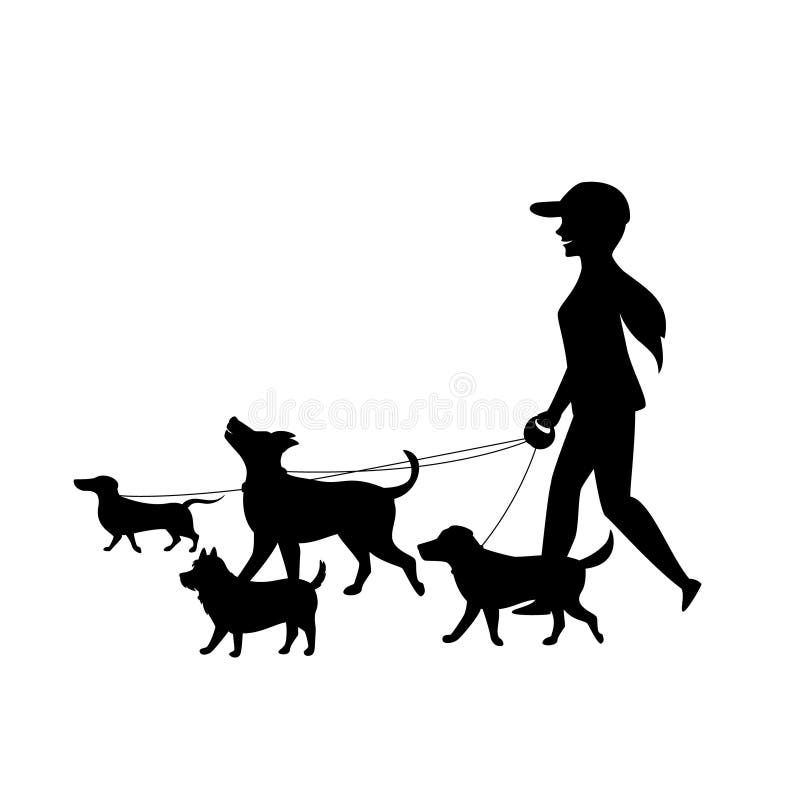 De vrouwelijke babysitter die van de hondleurder met groep de vector van het huisdierensilhouet lopen