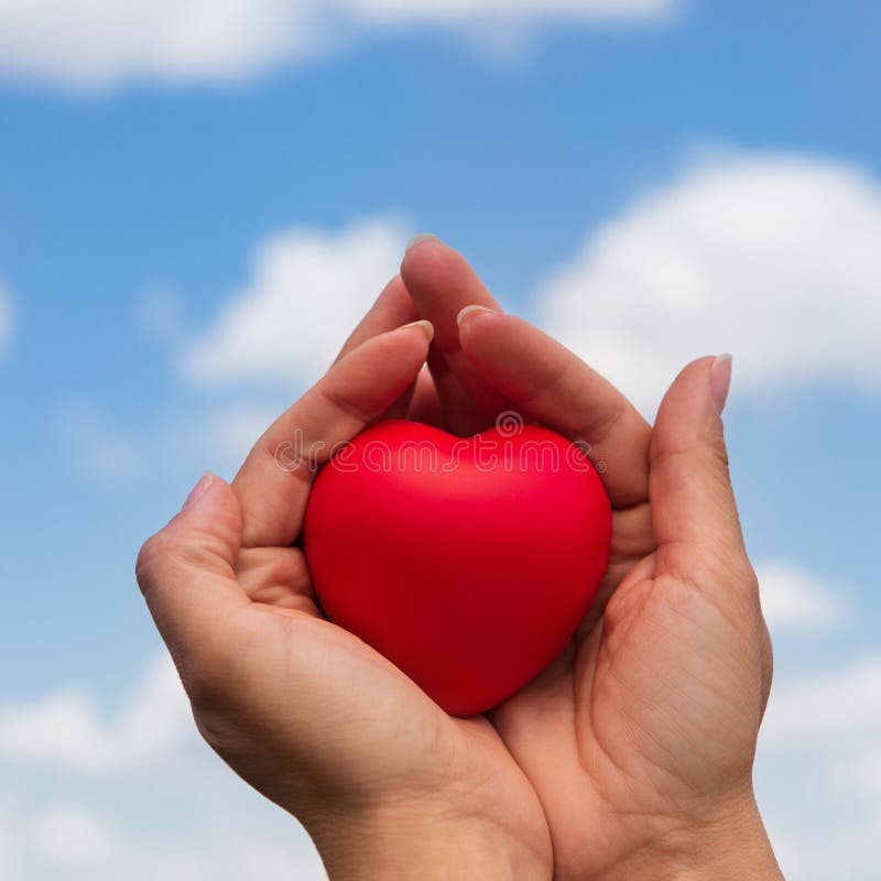 De vrouwelijke handen houden een rood hart, het concept gezondheid, zacht het leven en liefde, tegen de blauwe hemel royalty-vrije stock foto's De vrouwelijke handen houden een rood hart, het concept gezondheid, zacht het leven en liefde, tegen de blauwe hemel royalty-vrije stock foto's