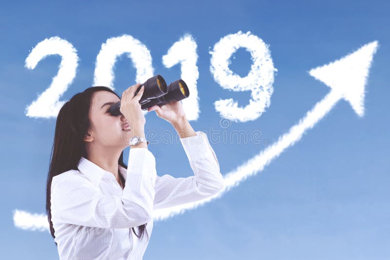 De vrouwelijke ondernemer bekijkt nummer 2019 stock afbeeldingen De vrouwelijke ondernemer bekijkt nummer 2019 stock afbeeldingen