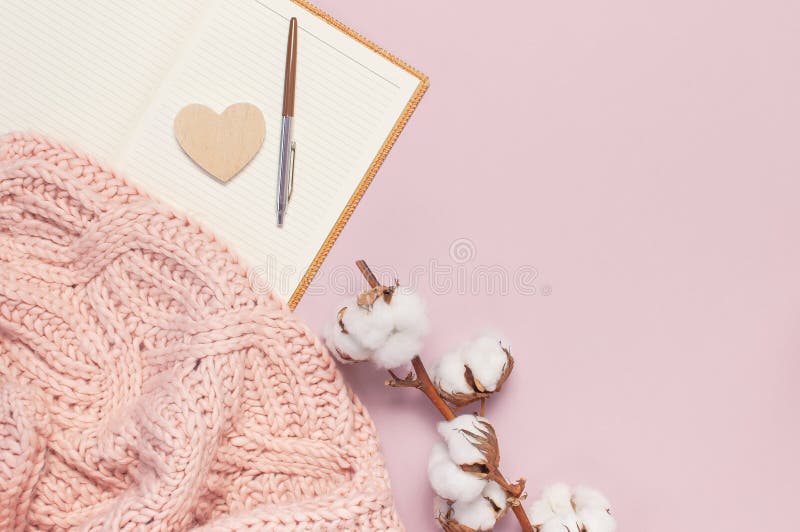 De vrouwelijke roze gebreide sweater, katoen, open leeg notitieboekje, pen op pastelkleur roze achtergrond hoogste meningsvlakte stock afbeelding De vrouwelijke roze gebreide sweater, katoen, open leeg notitieboekje, pen op pastelkleur roze achtergrond hoogste meningsvlakte stock afbeelding