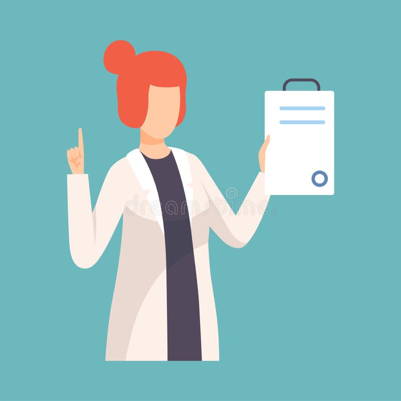 Female Doctor Raising Up Her Finger Giving Advice or Recommendation, Professional Medical Worker Character Holding Clipboard Vector Illustration, Flat Style. Female Doctor Raising Up Her Finger Giving Advice or Recommendation, Professional Medical Worker Character Holding Clipboard Vector Illustration, Flat Style.