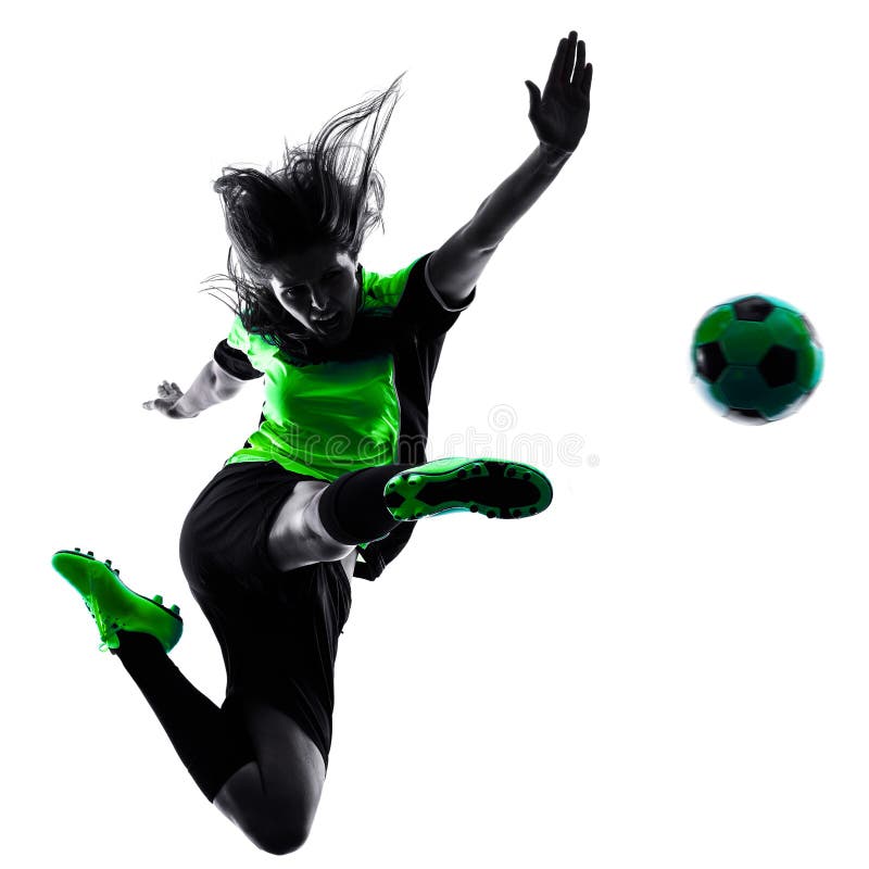 De vrouwenvoetballer isoleerde silhouet stock afbeeldingen De vrouwenvoetballer isoleerde silhouet stock afbeeldingen