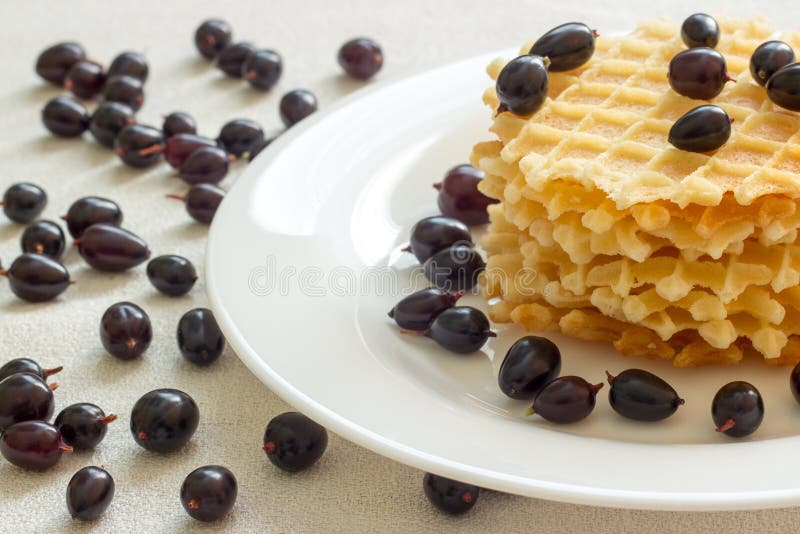 De wafels van Luik met bessen op een servet royalty-vrije stock afbeelding De wafels van Luik met bessen op een servet royalty-vrije stock afbeelding