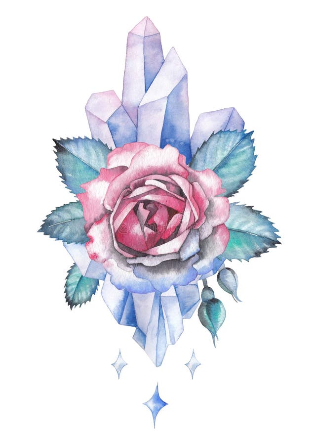 Cute watercolor rose vignette abstractly decorated with crystals. Hand painted pastel colored design isolated on white background. Cute watercolor rose vignette abstractly decorated with crystals. Hand painted pastel colored design isolated on white background.