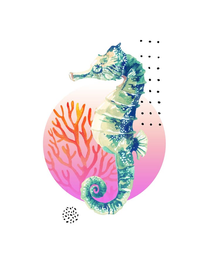 De waterverf seahorse, koraalrif in gradiënt kleurde cirkel met krabbelelementen op witte achtergrond worden geïsoleerd die stock illustratie De waterverf seahorse, koraalrif in gradiënt kleurde cirkel met krabbelelementen op witte achtergrond worden geïsoleerd die stock illustratie