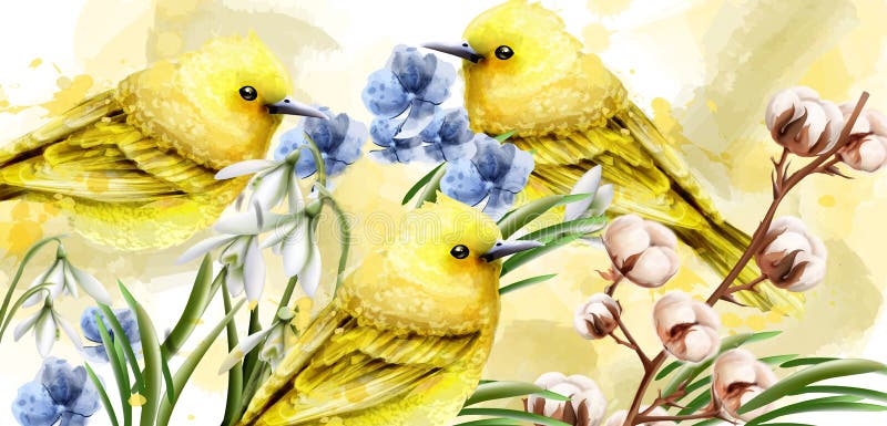 De waterverfvector van de de lentekaart met leuke vogels en bloemen Gouden kleine vogels De uitstekende plons van Kleurenvlekken stock illustratie De waterverfvector van de de lentekaart met leuke vogels en bloemen Gouden kleine vogels De uitstekende plons van Kleurenvlekken stock illustratie