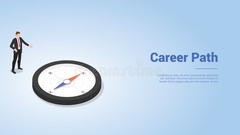De weg van de looppas met bedrijfsman en kompasrichting voor websitemalplaatje of landende homepage dia met moderne isometrische vector illustratie De weg van de looppas met bedrijfsman en kompasrichting voor websitemalplaatje of landende homepage dia met moderne isometrische vector illustratie