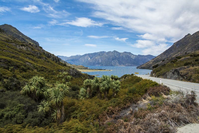 De wegreis van Nieuw Zeeland: De Weg van de Haastpas aan Wanaka stock afbeelding De wegreis van Nieuw Zeeland: De Weg van de Haastpas aan Wanaka stock afbeelding