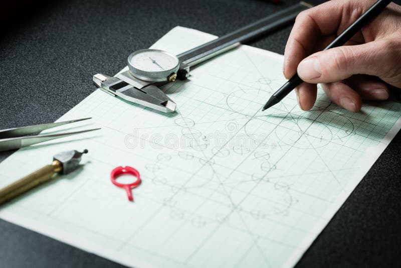 De werken van de juwelenontwerper aangaande een schets van de handtekening stock fotografie De werken van de juwelenontwerper aangaande een schets van de handtekening stock fotografie