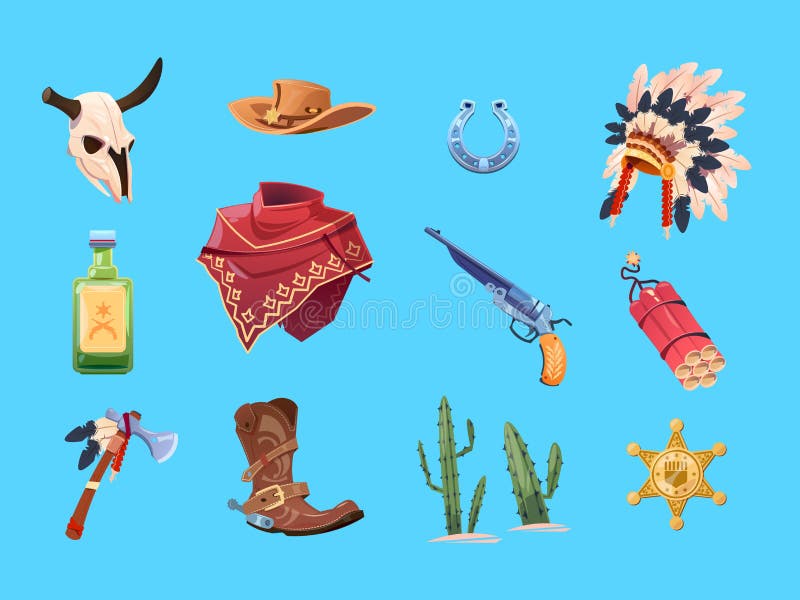 De wilde reeks van het het westenbeeldverhaal Cowboylaarzen, hoed en kanon Stierenschedel, Indische oorlogsbonnet en tomahawk Geï stock illustratie De wilde reeks van het het westenbeeldverhaal Cowboylaarzen, hoed en kanon Stierenschedel, Indische oorlogsbonnet en tomahawk Geï stock illustratie