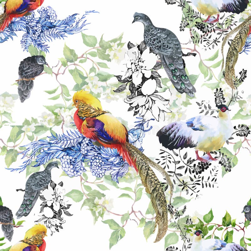 De wilde vogels van Fazantdieren in waterverf bloemen naadloos patroon royalty-vrije illustratie De wilde vogels van Fazantdieren in waterverf bloemen naadloos patroon royalty-vrije illustratie