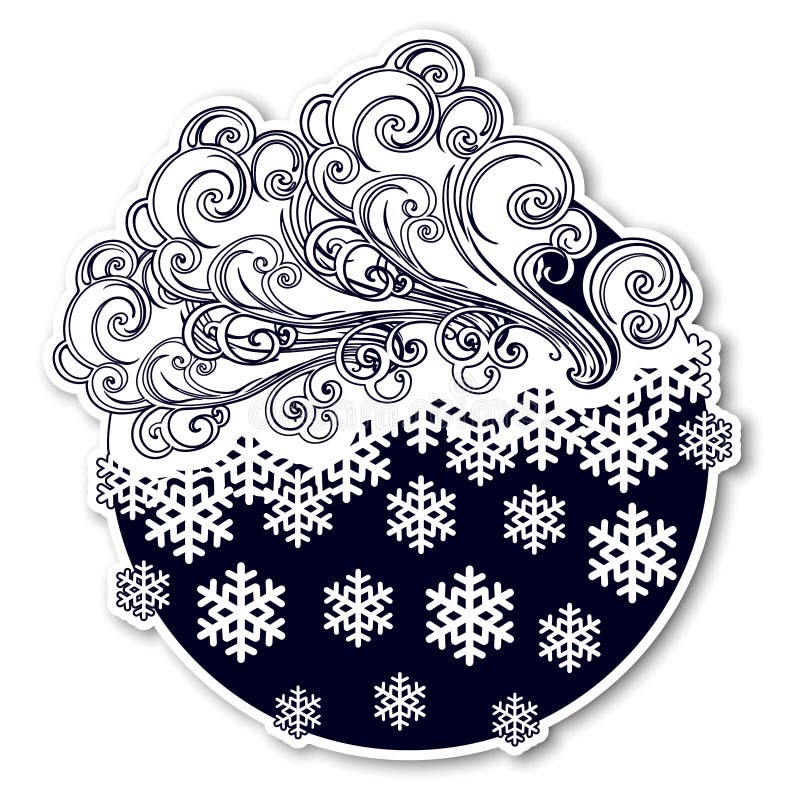 De winter feestelijke sticker van de Fairytalestijl Krullende overladen wolken met dalende sneeuwvlokken Weervoorspellingspictogr stock illustratie De winter feestelijke sticker van de Fairytalestijl Krullende overladen wolken met dalende sneeuwvlokken Weervoorspellingspictogr stock illustratie
