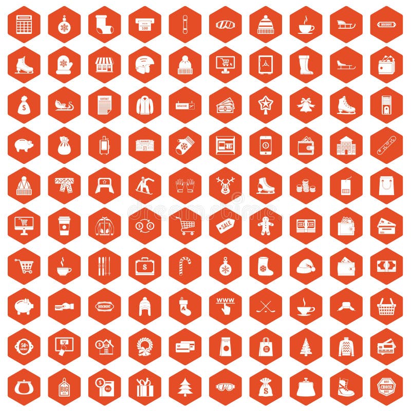 100 winter shopping icons set in orange hexagon isolated vector illustration. 100 winter shopping icons set in orange hexagon isolated vector illustration