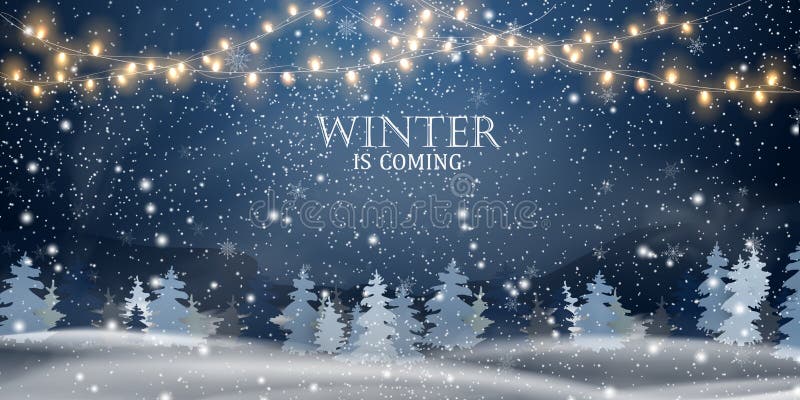 De winter komt Kerstmis, nacht, Sneeuw Boslandschap Het landschap van de vakantiewinter voor Vrolijke Kerstmis met sparren