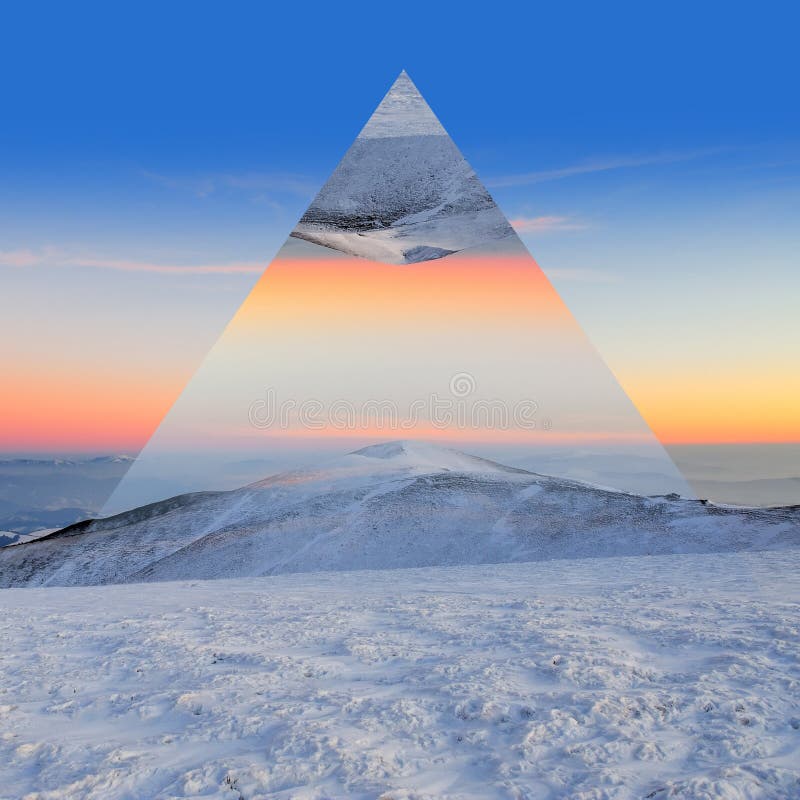 Winter mountain landscape at sunset. Geometric reflections effect. Winter mountain landscape at sunset. Geometric reflections effect