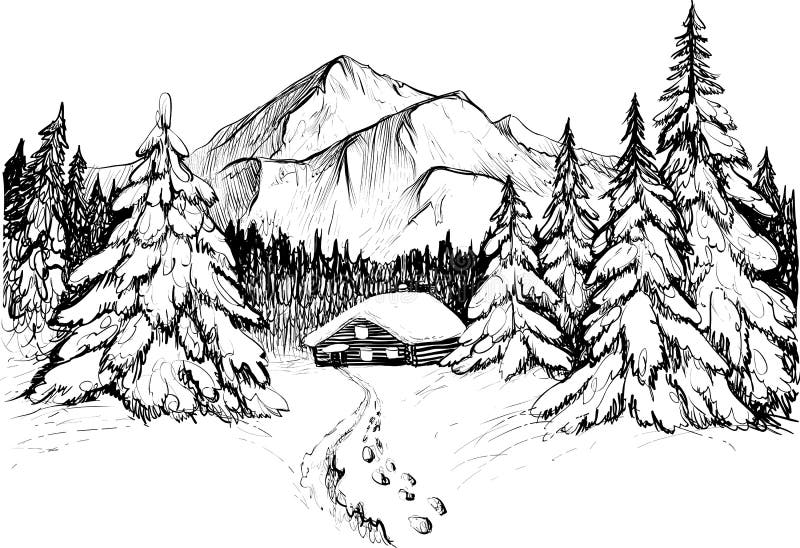 De winterbos in bergen vectorillustratie Sneeuwsparren en huis vector illustratie De winterbos in bergen vectorillustratie Sneeuwsparren en huis vector illustratie