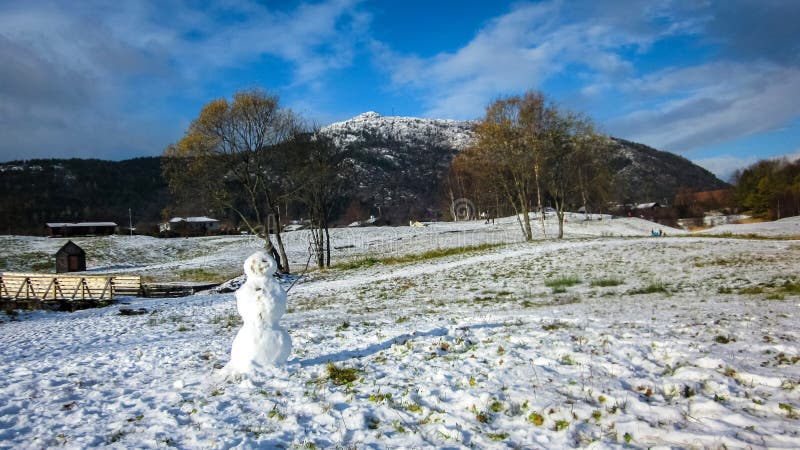 De winterlandschap met een Griezelige Sneeuwman die zich alleen in een Sneeuwpark en een Berg bevinden royalty-vrije stock fotografie De winterlandschap met een Griezelige Sneeuwman die zich alleen in een Sneeuwpark en een Berg bevinden royalty-vrije stock fotografie