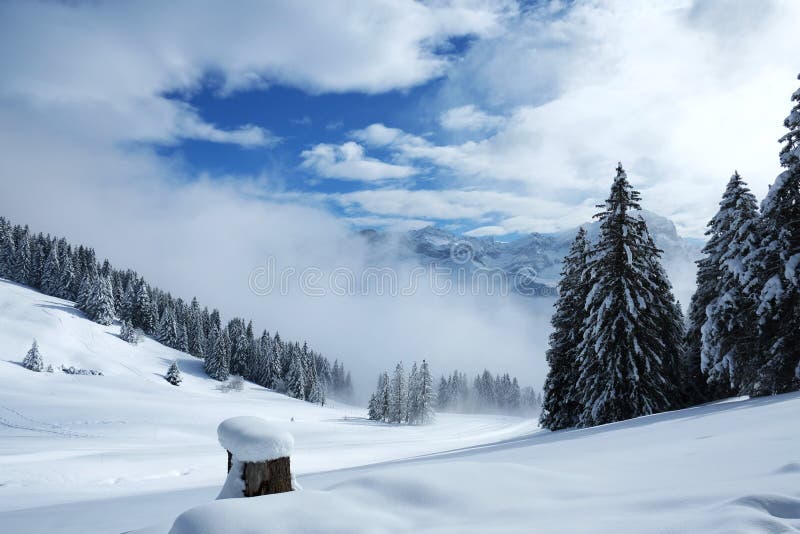 De winterlandschap van Alpen in Zwitserland stock foto's De winterlandschap van Alpen in Zwitserland stock foto's
