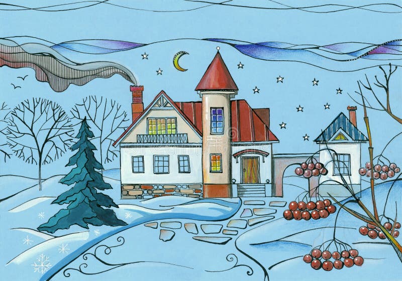 De winterscène in dorp Kleurrijke tekening van huis in sneeuwtuin bij nacht royalty-vrije illustratie De winterscène in dorp Kleurrijke tekening van huis in sneeuwtuin bij nacht royalty-vrije illustratie