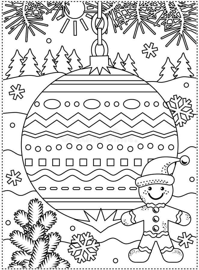 Winter holidays coloring page for kids and grown-ups with decorated ornament, gingerbread man, fir tree branches, snowbanks and snowflakes. Winter holidays coloring page for kids and grown-ups with decorated ornament, gingerbread man, fir tree branches, snowbanks and snowflakes