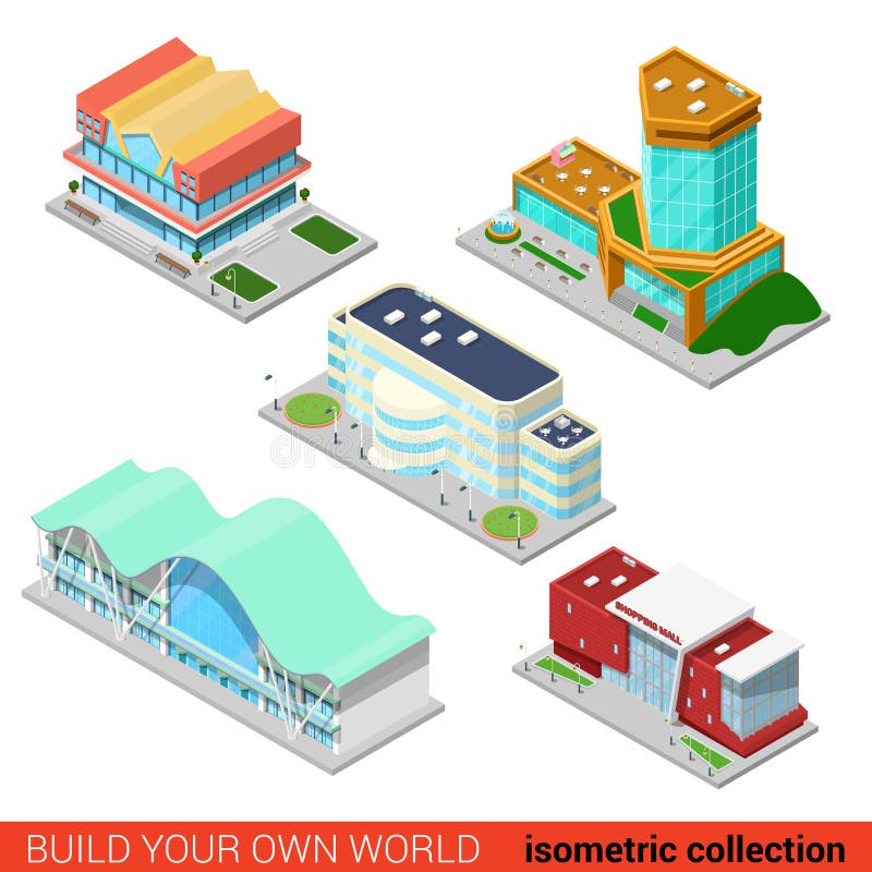 Winkelcentrum wolkenkrabber appartement 3d isometrisch vector illustratie