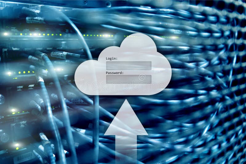 De wolkenopslag, de gegevenstoegang, login en het wachtwoord verzoeken om venster op de achtergrond van de serverruimte Internet stock afbeeldingen De wolkenopslag, de gegevenstoegang, login en het wachtwoord verzoeken om venster op de achtergrond van de serverruimte Internet stock afbeeldingen