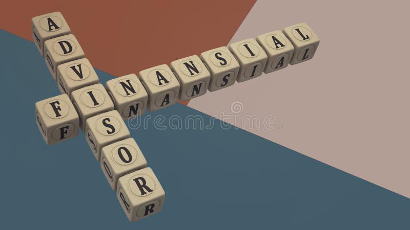 Words `Financial Advisor` are laid out from cubes in the form of a crossword puzzle on a three-colored background. 3D rendering. Finance concept. Blank for design. Copy space. Words `Financial Advisor` are laid out from cubes in the form of a crossword puzzle on a three-colored background. 3D rendering. Finance concept. Blank for design. Copy space