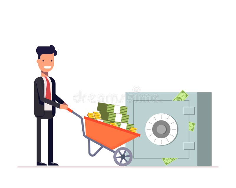 De zakenman of de manager dragen geld in kruiwagen aan een gesloten de bouwbrandkast Veiligheidsopslag van Financiën Vector vector illustratie De zakenman of de manager dragen geld in kruiwagen aan een gesloten de bouwbrandkast Veiligheidsopslag van Financiën Vector vector illustratie