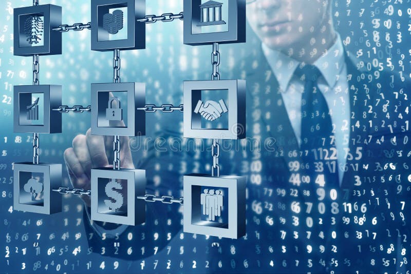 De zakenman in het concept van blockchaincryptocurrency stock afbeeldingen De zakenman in het concept van blockchaincryptocurrency stock afbeeldingen