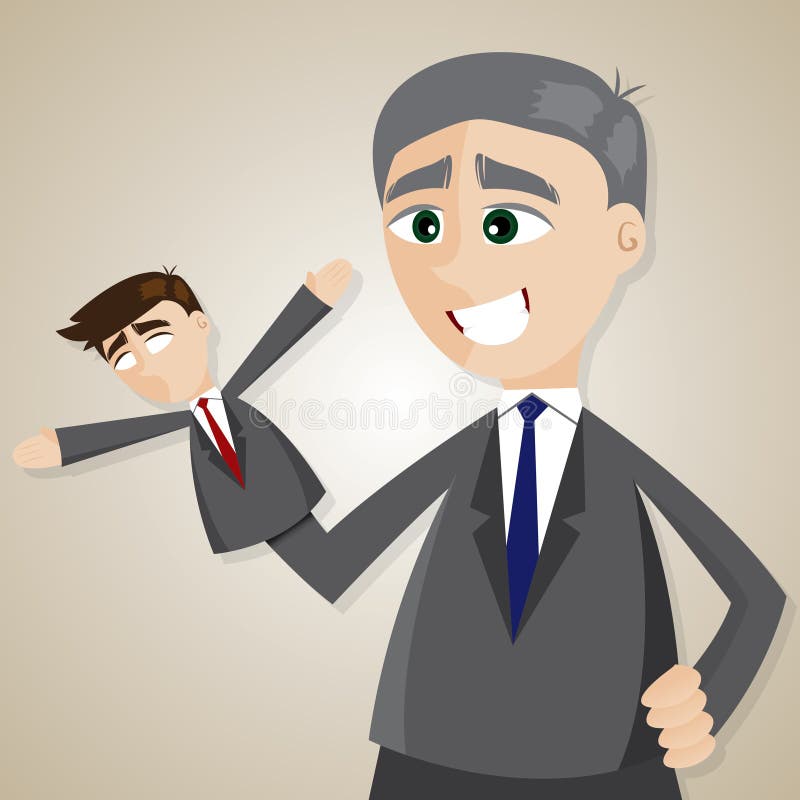 De zakenman van de beeldverhaalmarionet door oudere werkgever wordt gemanipuleerd die stock illustratie De zakenman van de beeldverhaalmarionet door oudere werkgever wordt gemanipuleerd die stock illustratie