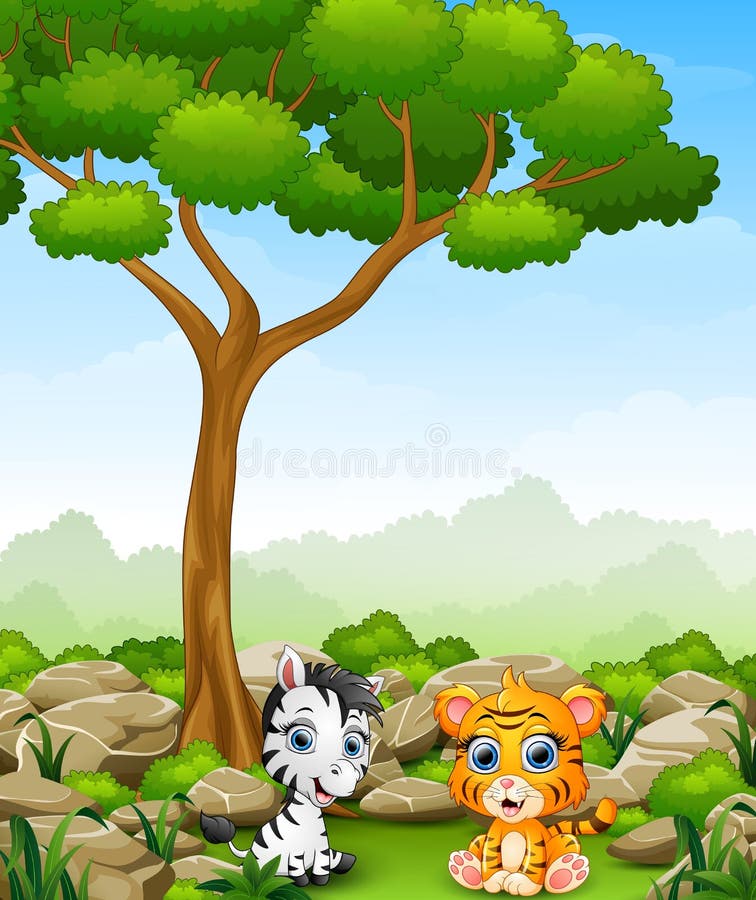 De zebra van de beeldverhaalbaby met de zitting van de babytijger in de wildernis royalty-vrije illustratie De zebra van de beeldverhaalbaby met de zitting van de babytijger in de wildernis royalty-vrije illustratie