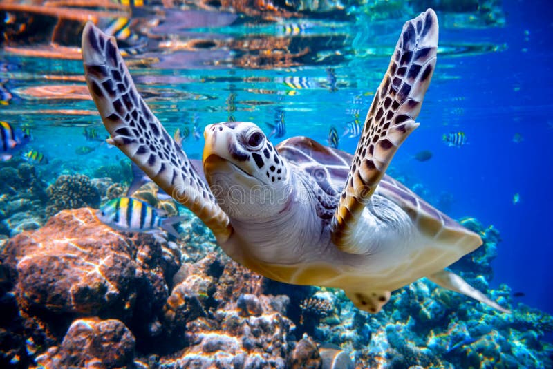 De zeeschildpad zwemt onder water op de achtergrond van koraalriffen