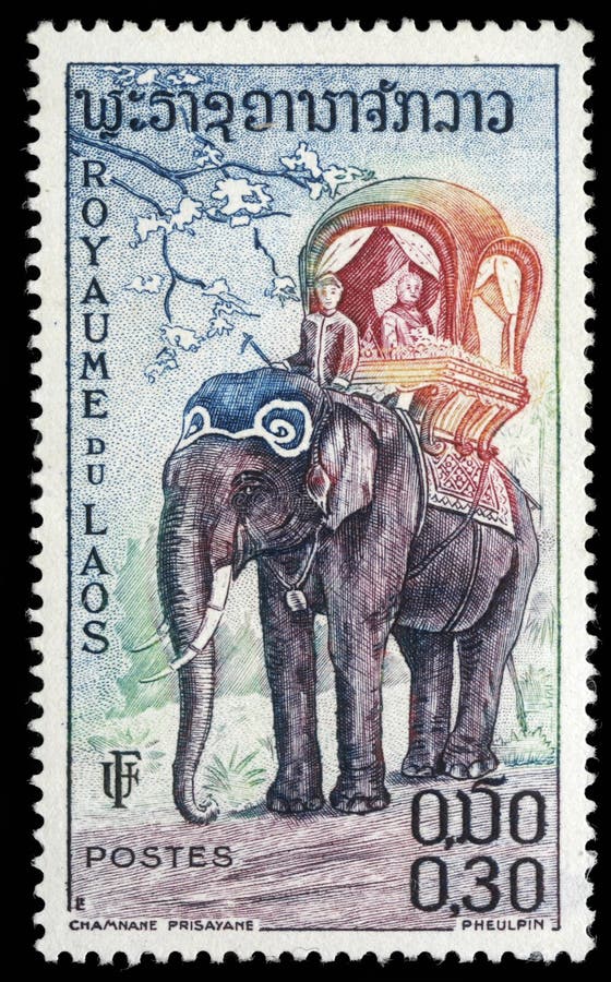 De zegel die in Laos wordt gedrukt toont de olifant stock fotografie De zegel die in Laos wordt gedrukt toont de olifant stock fotografie