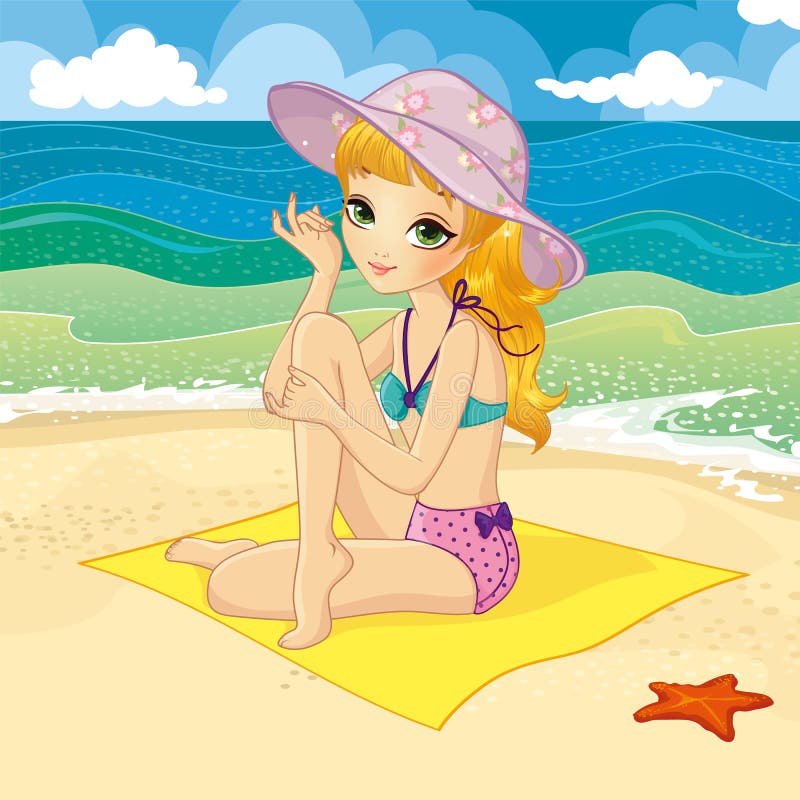 Blond meisje dat op het strand zit vector illustratie