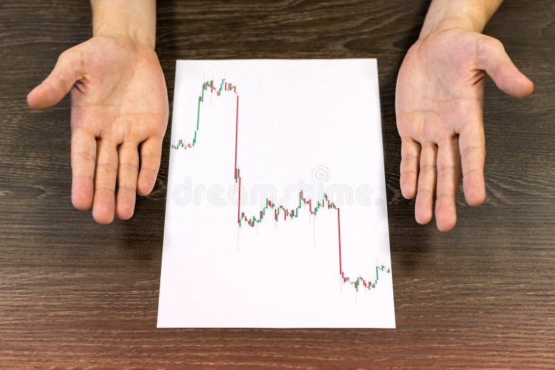 De zitting van de mens bij lijst Er is blad van document met een handelgrafiek op de lijst Misverstandgebaar met handen Concepten stock foto De zitting van de mens bij lijst Er is blad van document met een handelgrafiek op de lijst Misverstandgebaar met handen Concepten stock foto