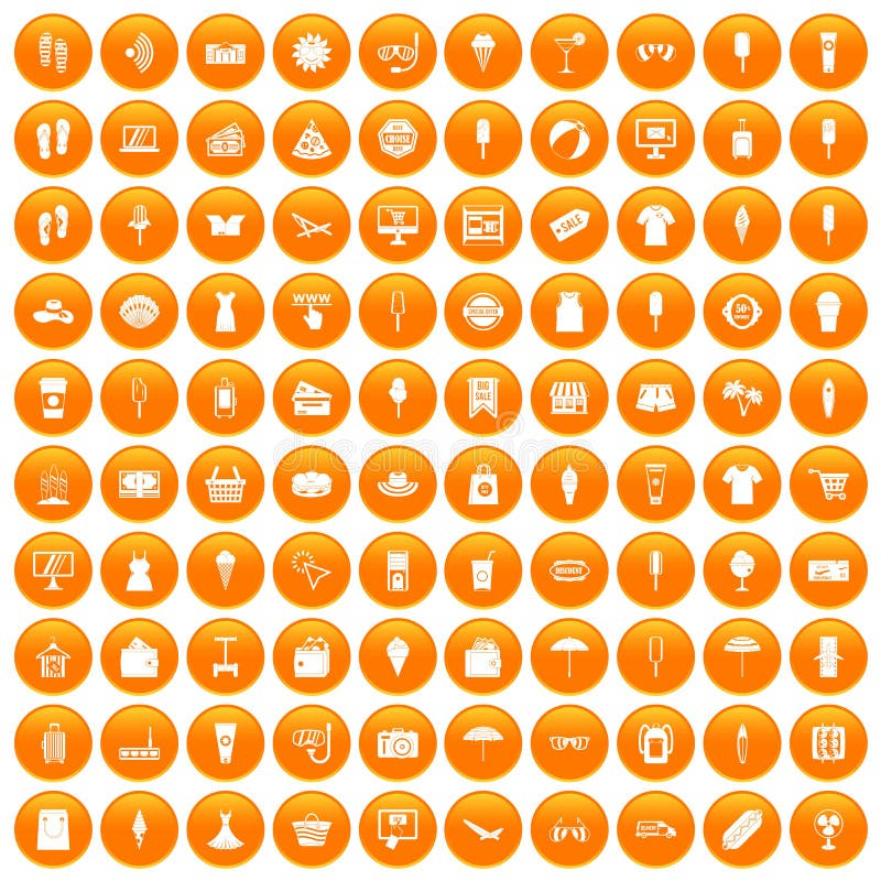 100 de zomer het winkelen pictogrammen geplaatst oranje vector illustratie 100 de zomer het winkelen pictogrammen geplaatst oranje vector illustratie