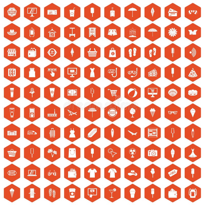 100 summer shopping icons set in orange hexagon isolated vector illustration. 100 summer shopping icons set in orange hexagon isolated vector illustration