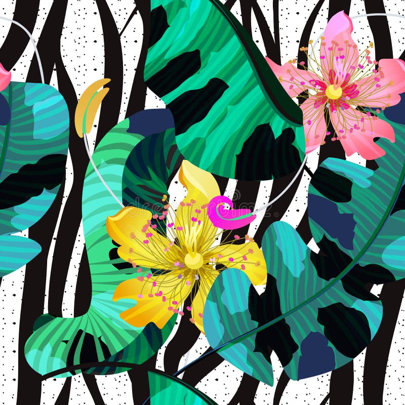 De zomer naadloze patroon/achtergrond, tropische bloemen, banaanbladeren en gestreepte lijnen