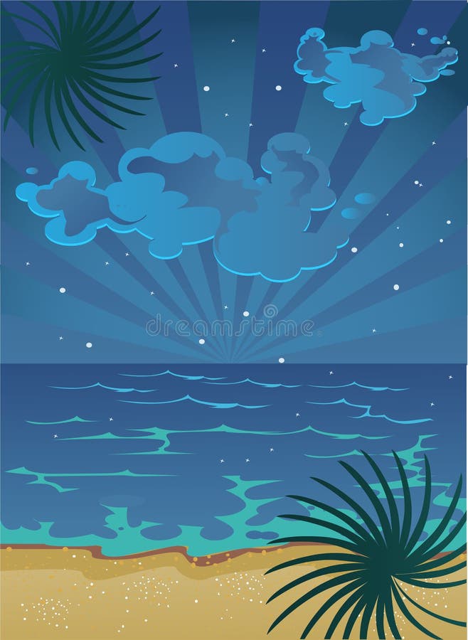 Vector picture of cartoon summer nocturnal beach with clouds on sky and stars. Vector picture of cartoon summer nocturnal beach with clouds on sky and stars
