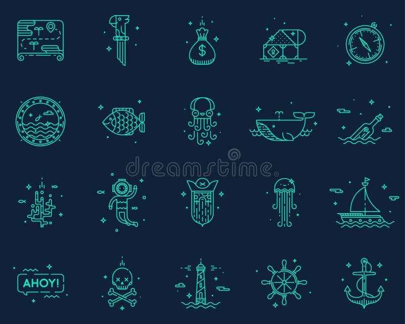 De zomer, reis, piraatpictogrammen geplaatst vector royalty-vrije illustratie De zomer, reis, piraatpictogrammen geplaatst vector royalty-vrije illustratie