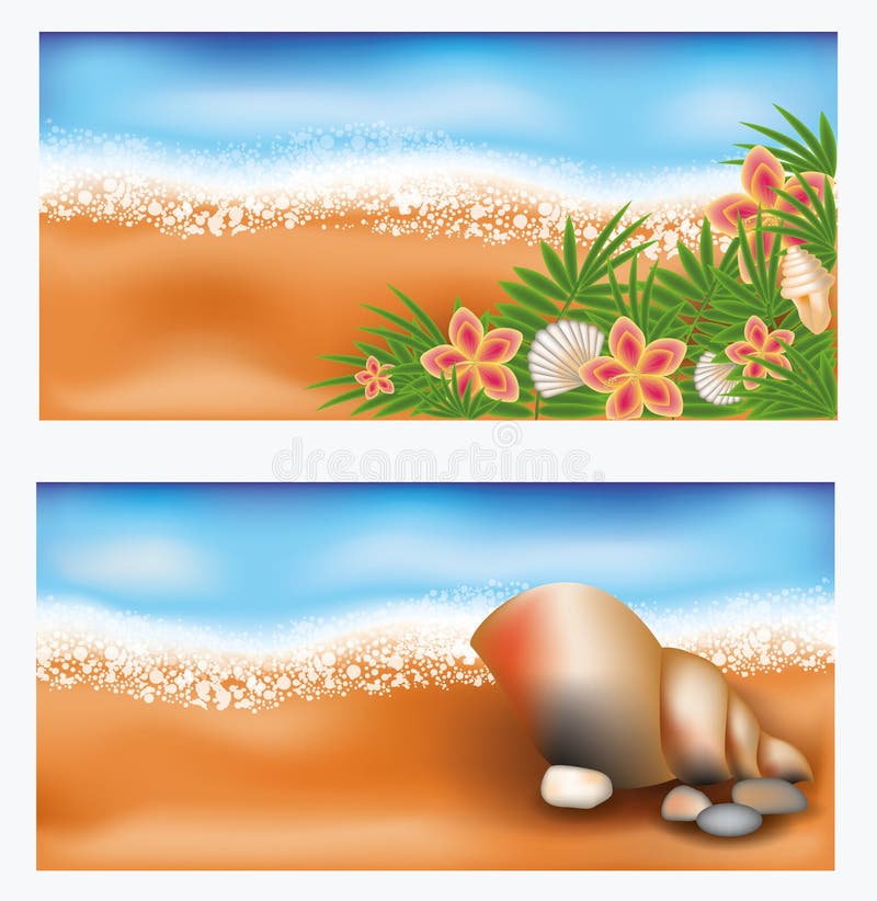 De zomer tropische banners met bloemen en zeeschelp vector illustratie De zomer tropische banners met bloemen en zeeschelp vector illustratie