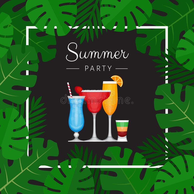 De zomer tropische cocktail met palmbladen Cocktail partyaffiche stock illustratie De zomer tropische cocktail met palmbladen Cocktail partyaffiche stock illustratie