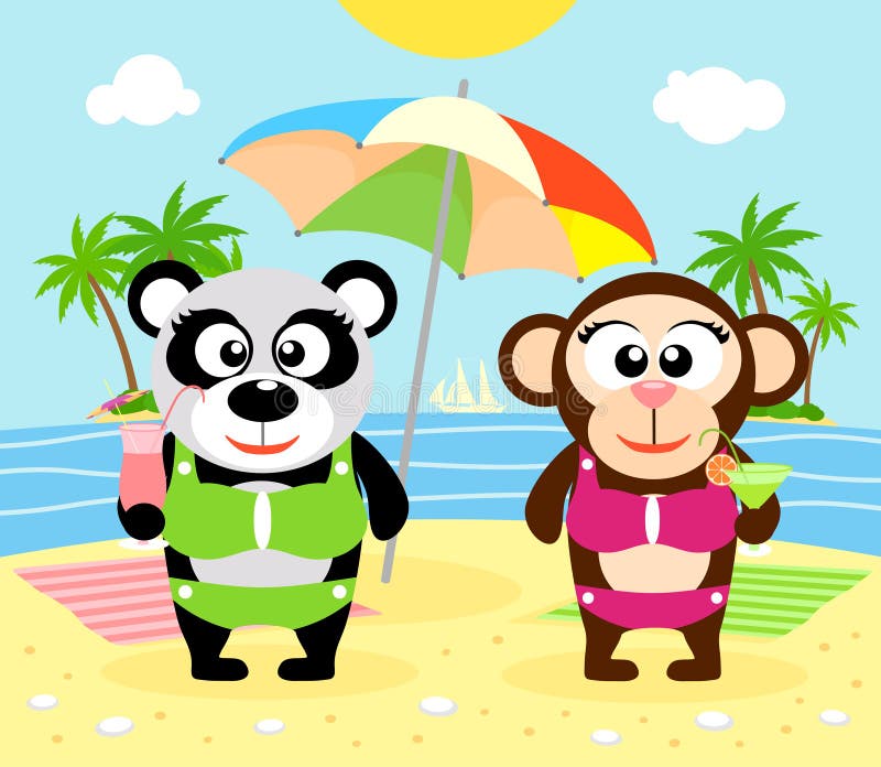 De zomerachtergrond met aap en panda royalty-vrije illustratie De zomerachtergrond met aap en panda royalty-vrije illustratie