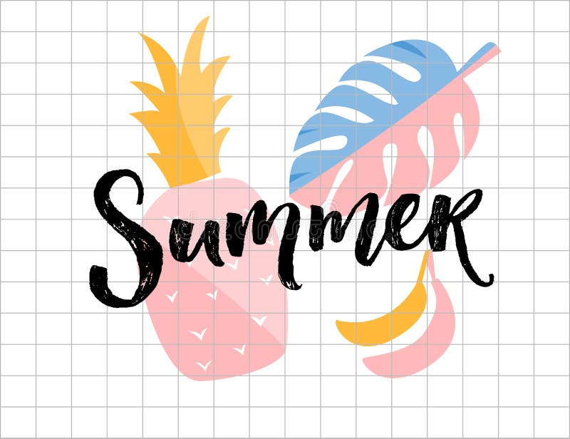 De zomeraffiche Kalligrafiewoord met ananas, monsterablad en banaanillustraties vector illustratie De zomeraffiche Kalligrafiewoord met ananas, monsterablad en banaanillustraties vector illustratie