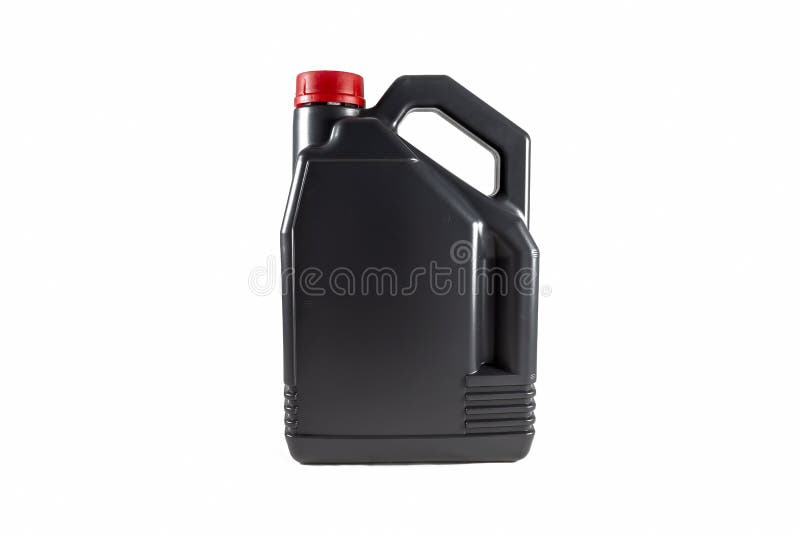 De zwarte plastic bus van de motorolie 5 liter Ge?soleerdj op witte achtergrond stock foto's De zwarte plastic bus van de motorolie 5 liter Ge?soleerdj op witte achtergrond stock foto's