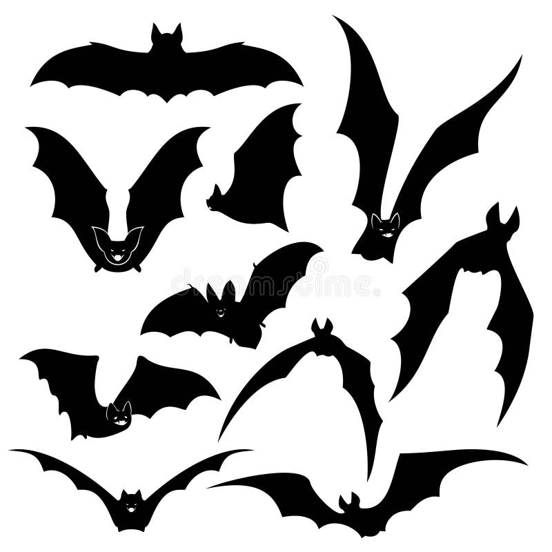 Black bats vector silhouettes set. Wing and halloween, vampire animal, wildlife design illustration. Black bats vector silhouettes set. Wing and halloween, vampire animal, wildlife design illustration