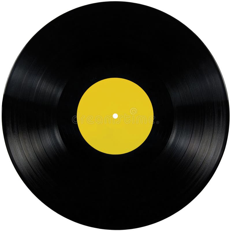 De zwarte vinylschijf van het verslag lp album, geïsoleerde langspeelverslagschijf, de lege lege gele ruimte van het etiketexempl