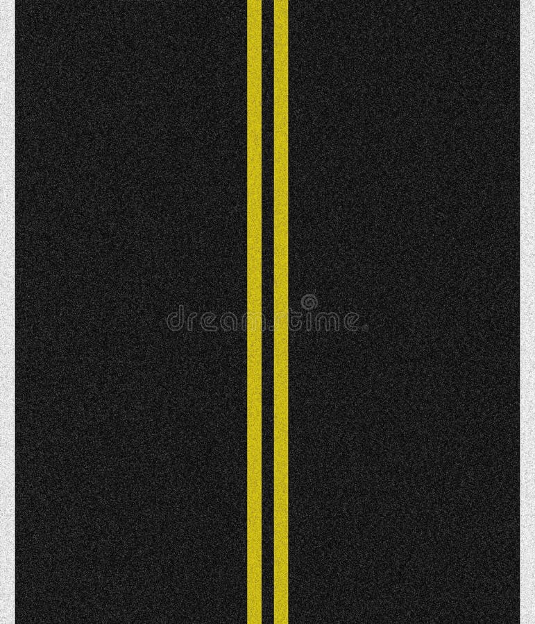 Black paved road with double yellow lines in the middle and white singles on the sides. Black paved road with double yellow lines in the middle and white singles on the sides.