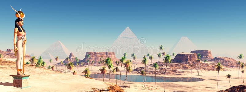 Computer generated 3D illustration with the Goddess Hathor and the Pyramids of Giza in Egypt. Computer generated 3D illustration with the Goddess Hathor and the Pyramids of Giza in Egypt